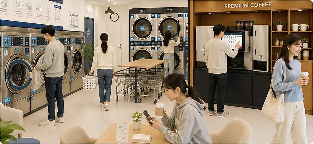 세탁소 매장 한쪽에 설치된 티타임A1 무인카페 커피머신을 이용하는 손님들