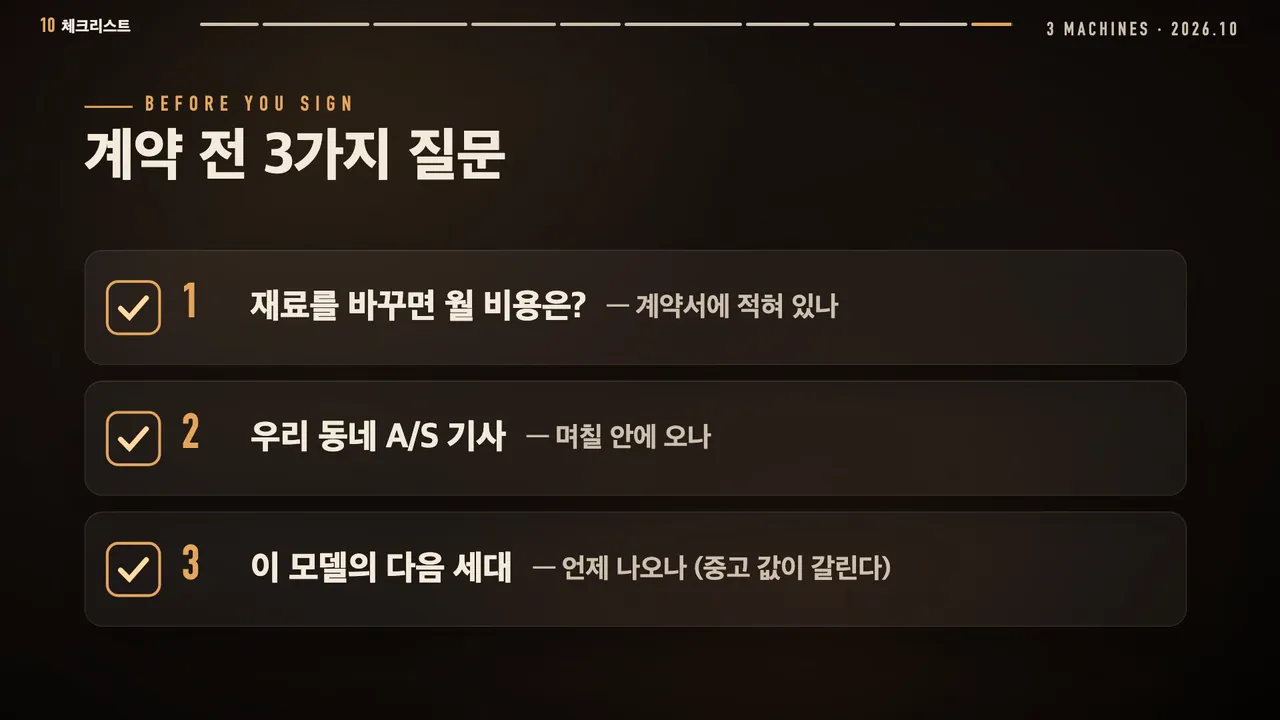계약 전 3가지 질문: 재료를 바꾸면 월 비용은, 우리 동네 A/S 기사는 며칠 안에 오나, 이 모델의 다음 세대는 언제 나오나