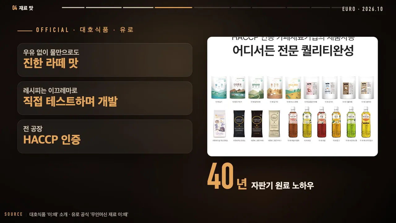 대호식품 이:때 재료와 이끄레마를 함께 테스트해 개발한다는 설명 화면